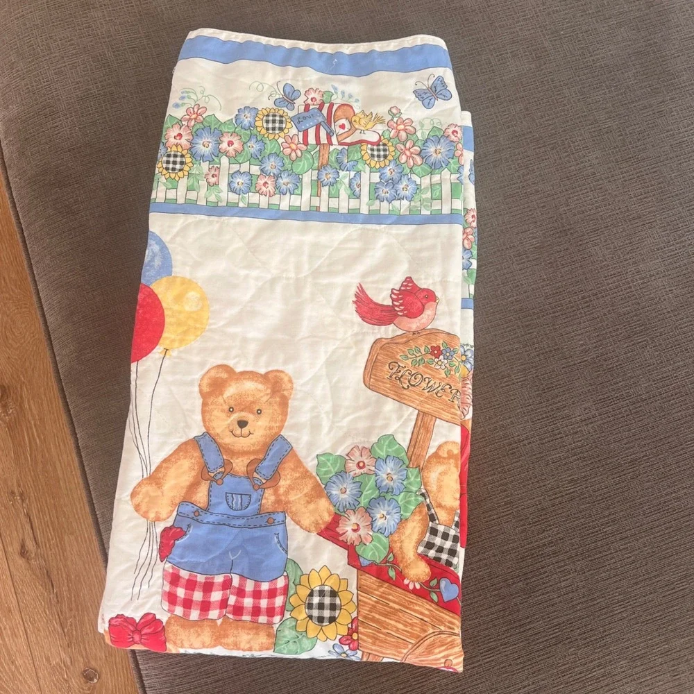 Vintage Teddy Bear Garden Quilted Baby Blanket Floral Picket Fence Nursery Blue